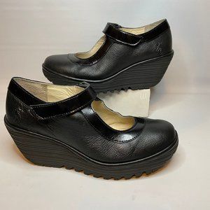 FLY London Black Patent Leather Mary Jane Wedges SIZE: EU 39